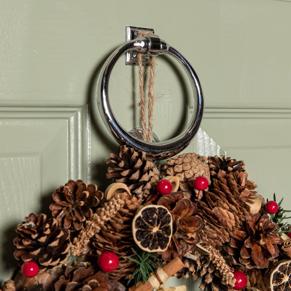 image 1 of 36cm Winter Spice Hanging Christmas Wreath with Pine Cones Red Berries & Dried Fruit