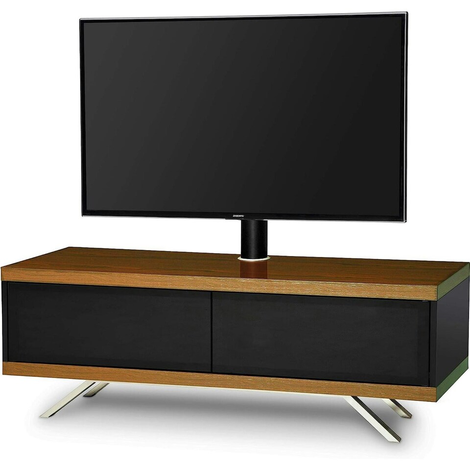 image 1 of MDA Designs TUCANA 1200 HYBRID Black Walnut TV Cabinet BeamThru Remote-Friendly Doors for up to 60" Flat Screen TVs with Mounting Arm Brown