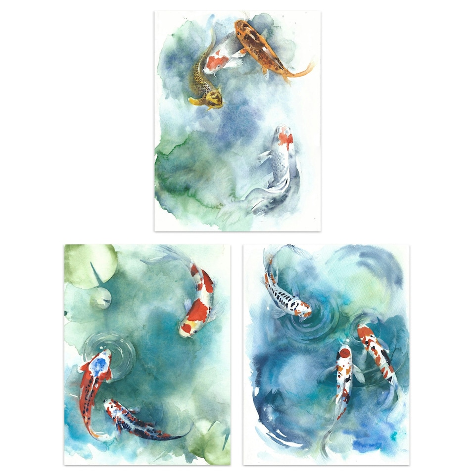image 1 of Set Of 3 Watercolour Japanese Koi Carp Fish Pond Bathroom Wall Art Prints 12X16 Inch