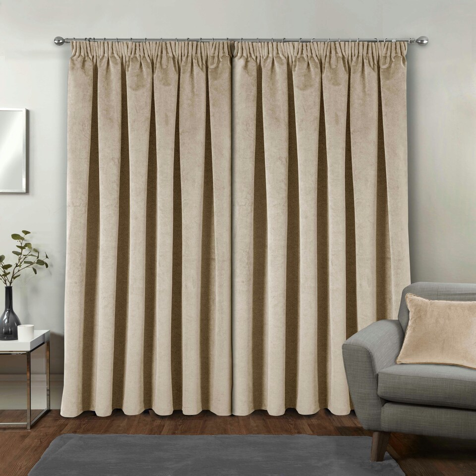 image 1 of Oxford Cream Velvet Curtains 90 x 72 inch (229 x 183 cm) 100% Blackout Pencil Pleat Thermal Noise Reducing Curtains for Bedroom and Living Room