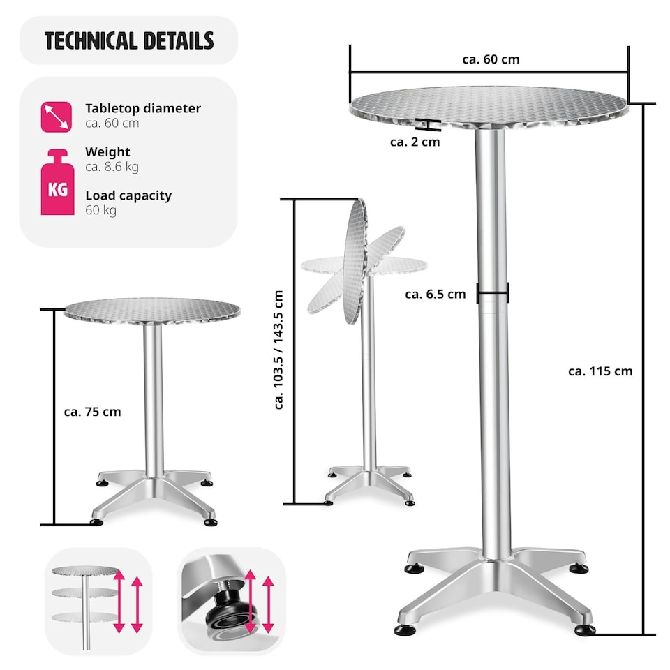 image 1 of Bar Table Aluminium - 60cm tabletop, foldable, height adjustable Grey