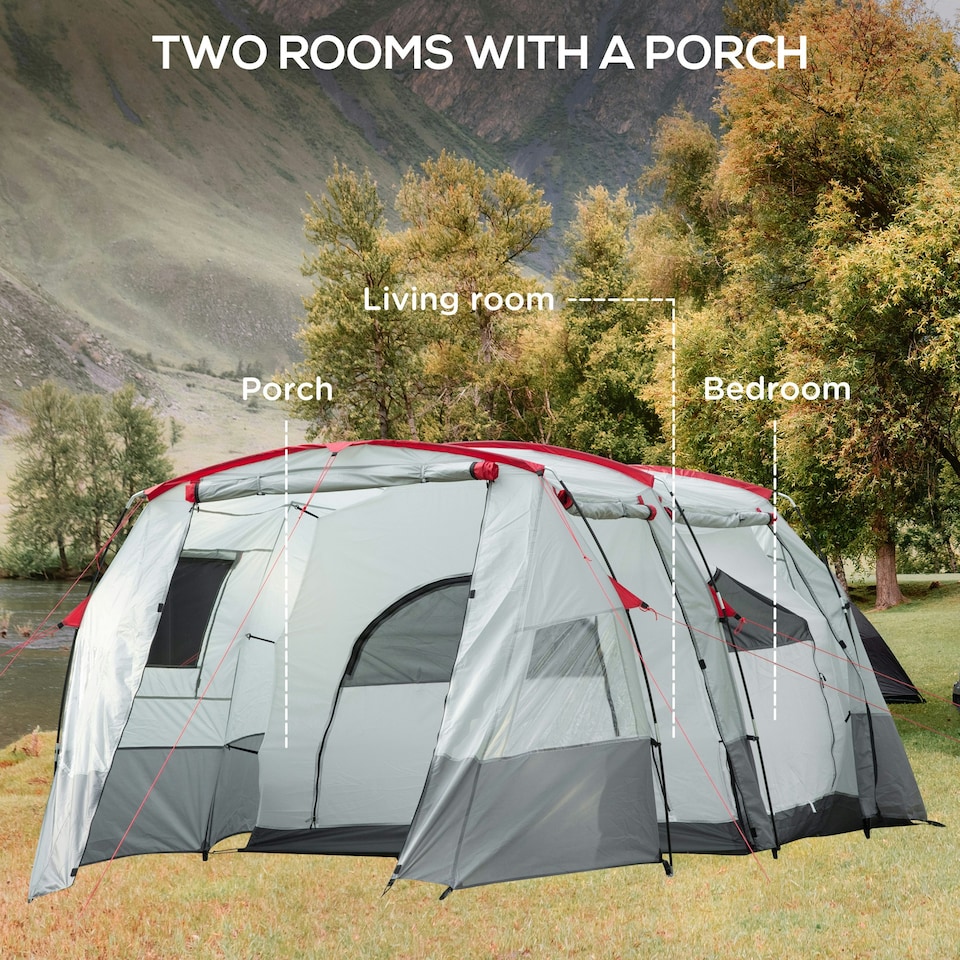 image 1 of Outsunny 6-8 Person Tunnel Tent, Two-room Camping Tent with Carry Bag, Grey