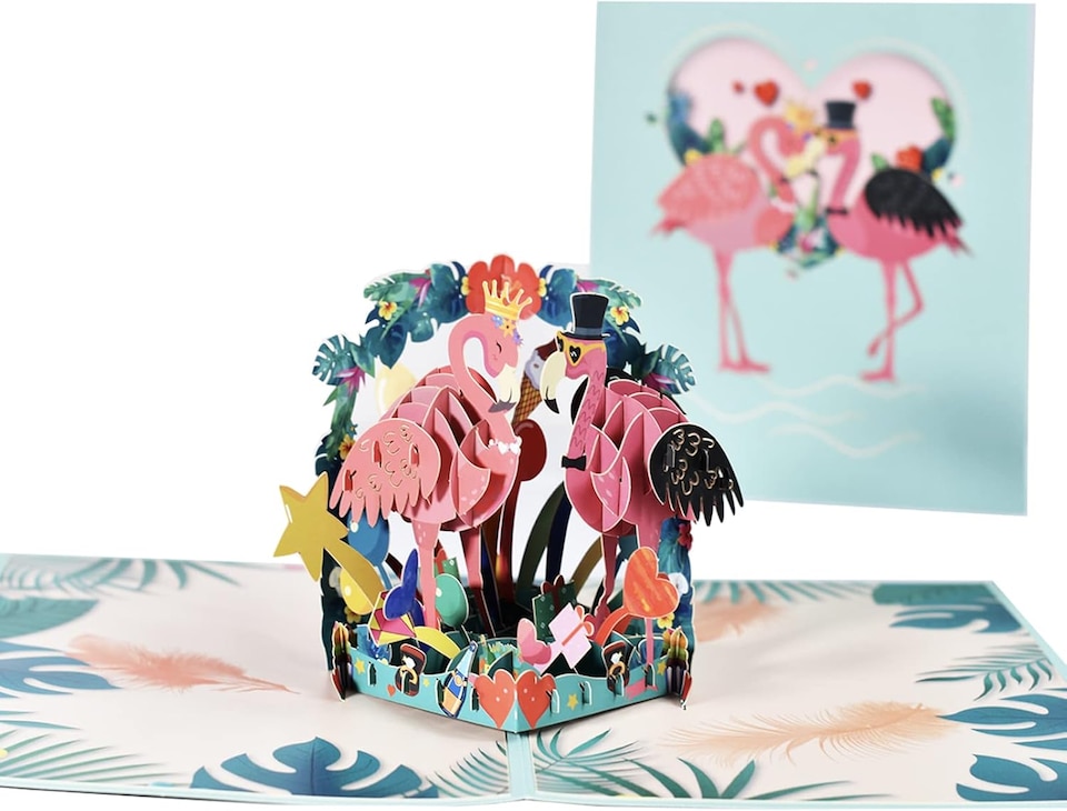 image 1 of Flamingo Pair and Tropical Scene 3D Pop Up Greeting Card - Birthday Anniversary Wedding Valentine's Day