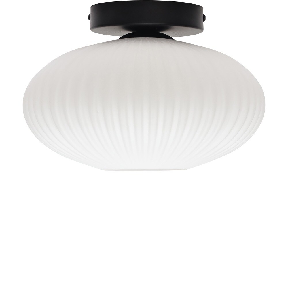 First Choice Lighting Baton - White Ribbed Oval Glass Black Ceiling Light Fitting