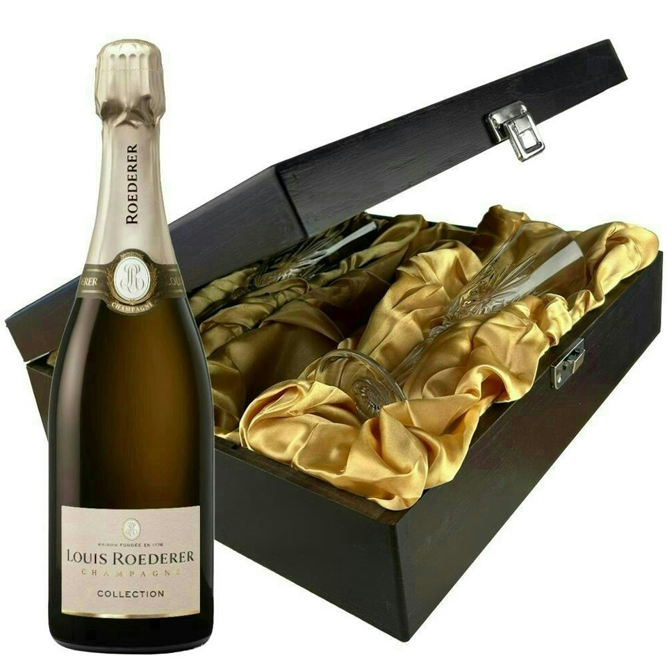 Louis Roederer Collection Brut Champagne and Flutes in Wooden Hinged Presentation Box 75cl 12.5% abv