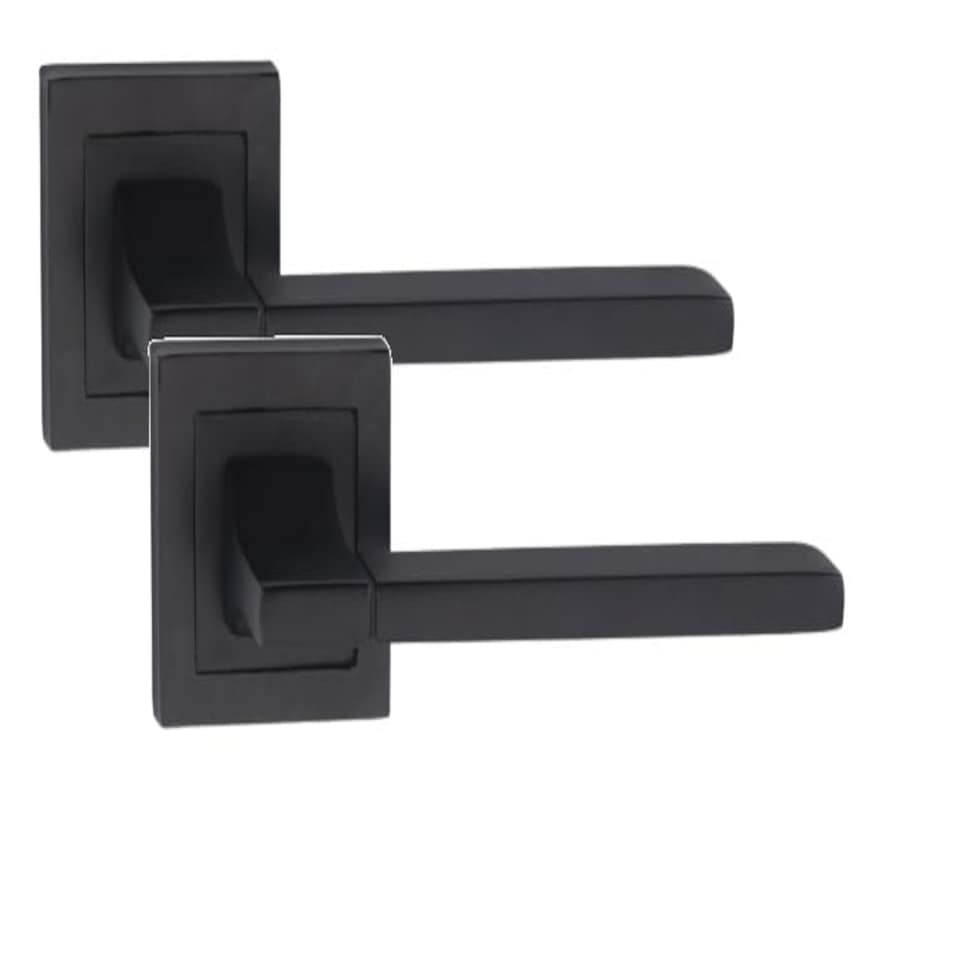 image 1 of Golden Grace 1 Pair Aztec Design Straight Door Handles on Square Rose in Matt Black Finish - 52mm x 52mm Backplate Black
