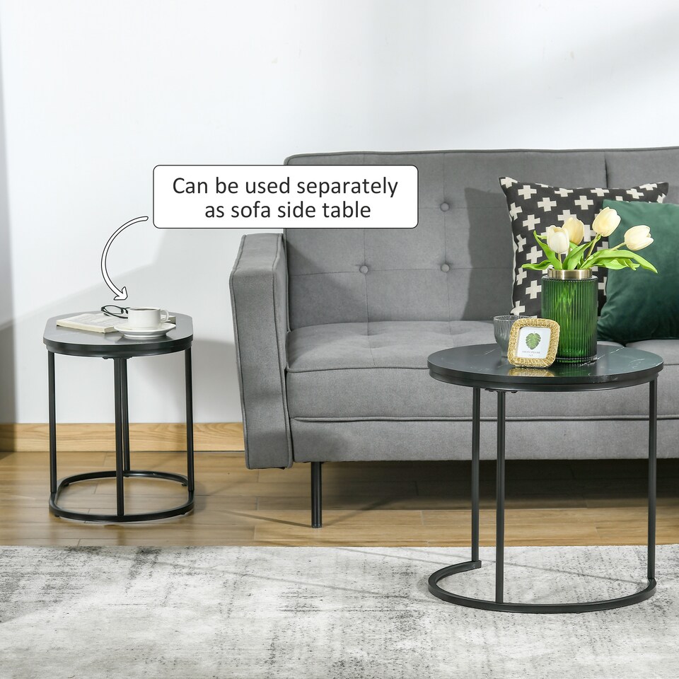 image 1 of HOMCOM Modern Coffee Table Set of 2, Nest of Tables with Steel Frame and Faux Marble Tabletop, Side Tables for Living Room Bedroom, Black