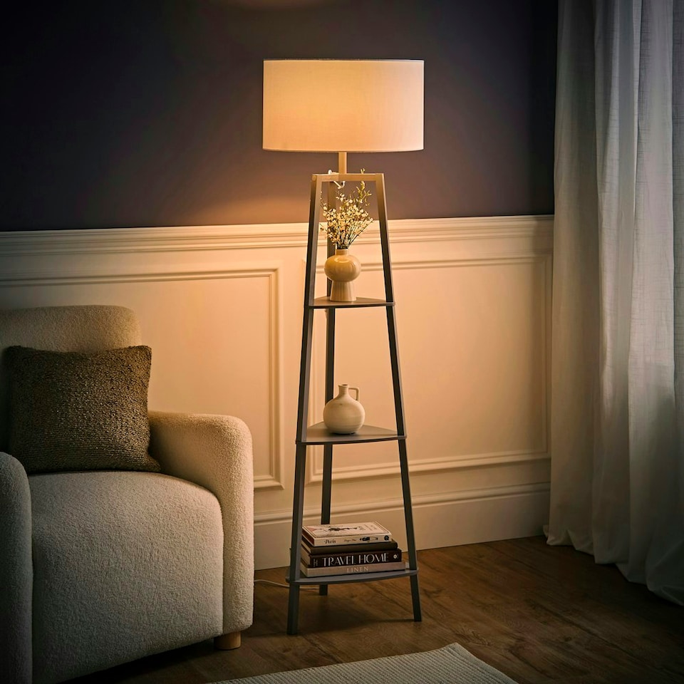 image 1 of ValueLights Hiru Grey 3 Tier Shelf Floor Lamp White Shade | White