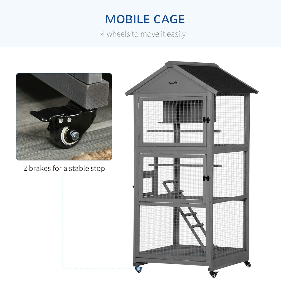 image 1 of PawHut Bird Cage Wooden Aviary for Canary Cockatiel Parrot w/ Wheels Tray
