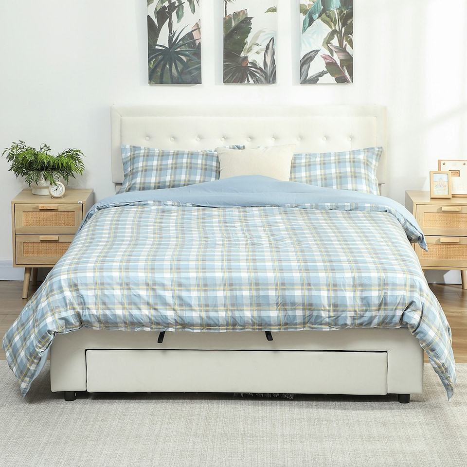 image 1 of HOMCOM King Size Bed Frame with Storage and Adjustable Headboard, Cream