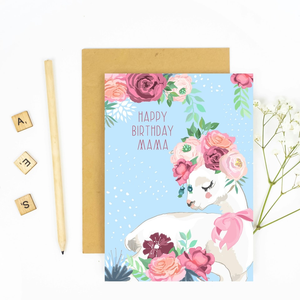 image 1 of Blue Happy Birthday Mama Llama with Rose Flowers Greeting Card