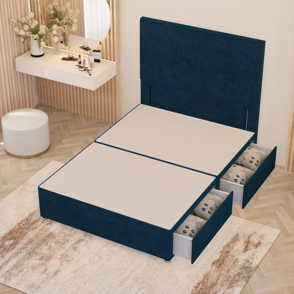 image 1 of Divan Bed Base with 2 Drawers & Plain Floor Standing Headboard Plush Velvet | Blue | Navy