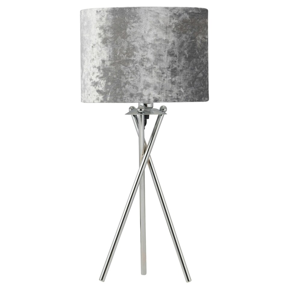 image 1 of First Choice Lighting Chrome Tripod Table Lamp with Grey Crushed Velvet Shade Chrome | Grey