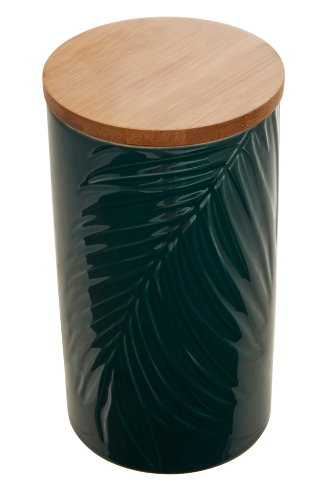 image 1 of Interiors By Premier Dark Green Large Storage Jar With Bamboo Lid,Jar With Embossed Tropical Leaf Design,Spice Storage Canister