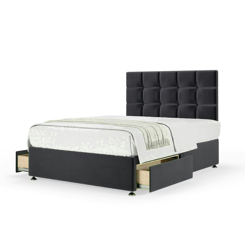 Graphite Plush Velvet 2 Drawer Divan Base and Pearl Headboard Super King