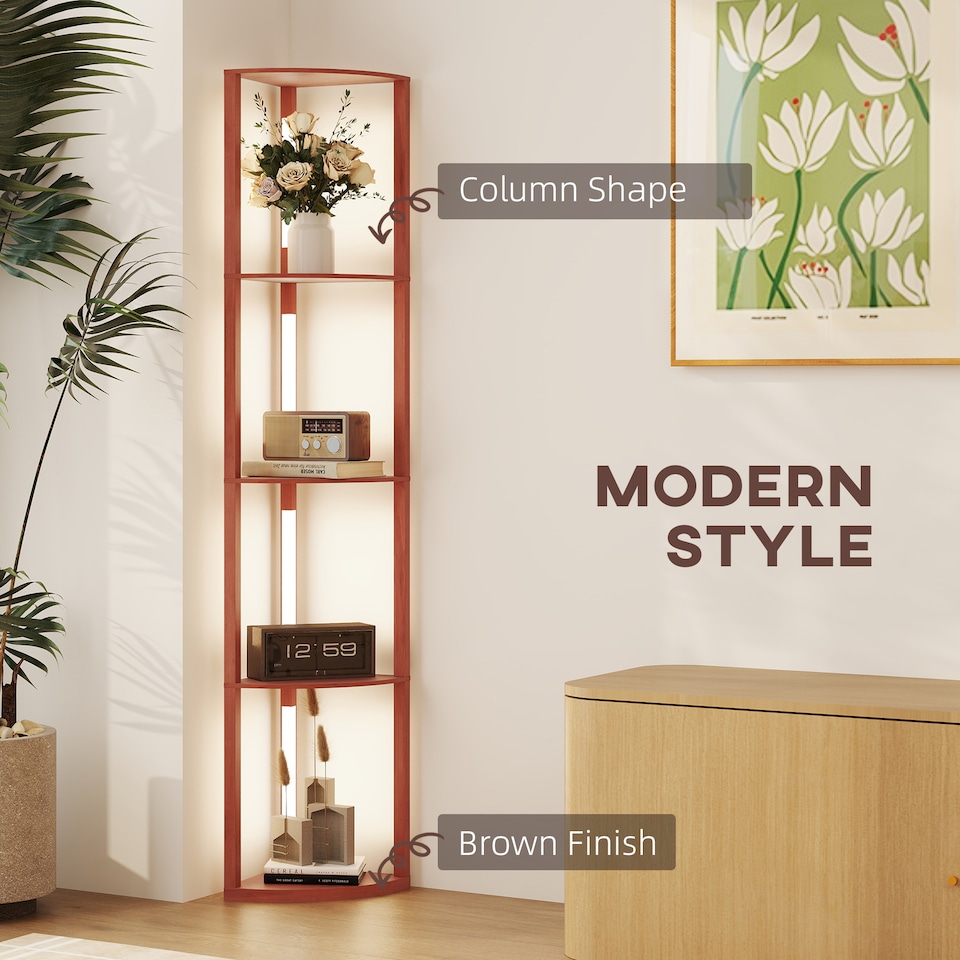 image 1 of HOMCOM LED Floor Lamp with Shelves, 5-Tier Dimmable Standing Lamp with Adjustable Brightness and Foot Switch, Modern Corner Display Shelf Unit for Living Room Bedroom Office, Brown | Brown