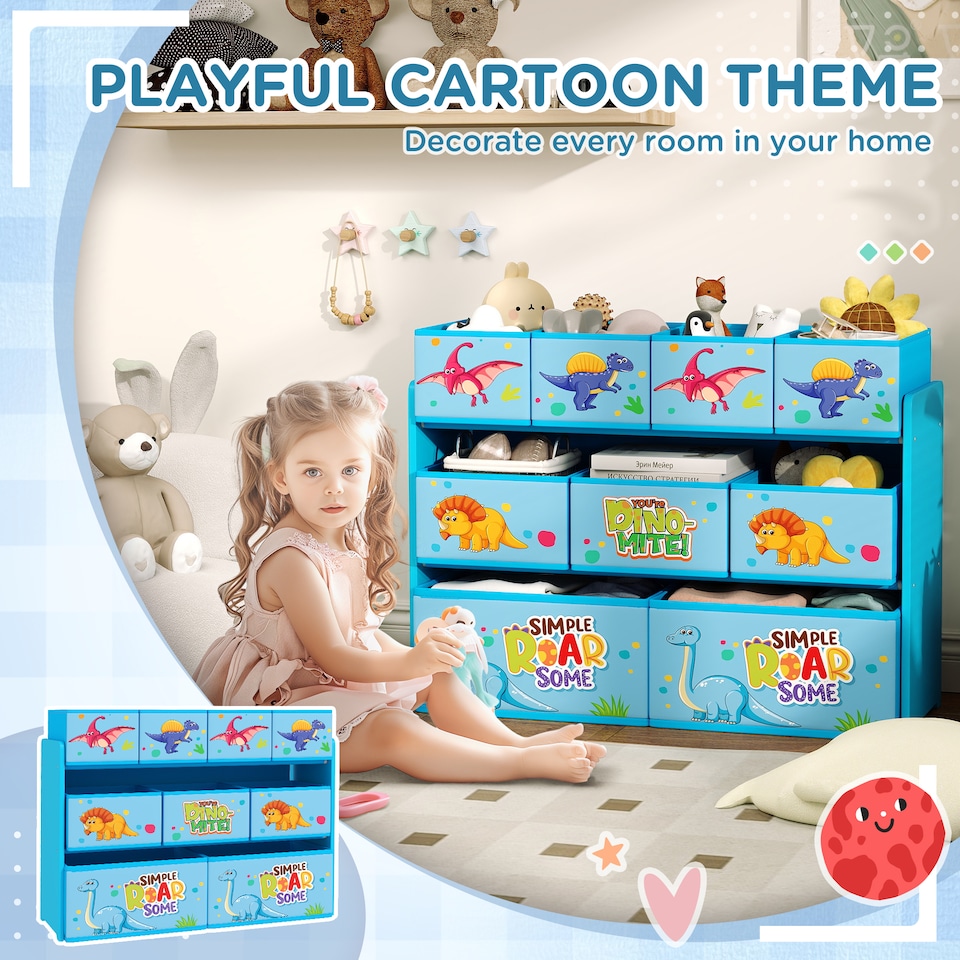 image 1 of AIYAPLAY 3-Tier Toy Organiser Shelf with 9 Storage Boxes for Bedroom, Blue