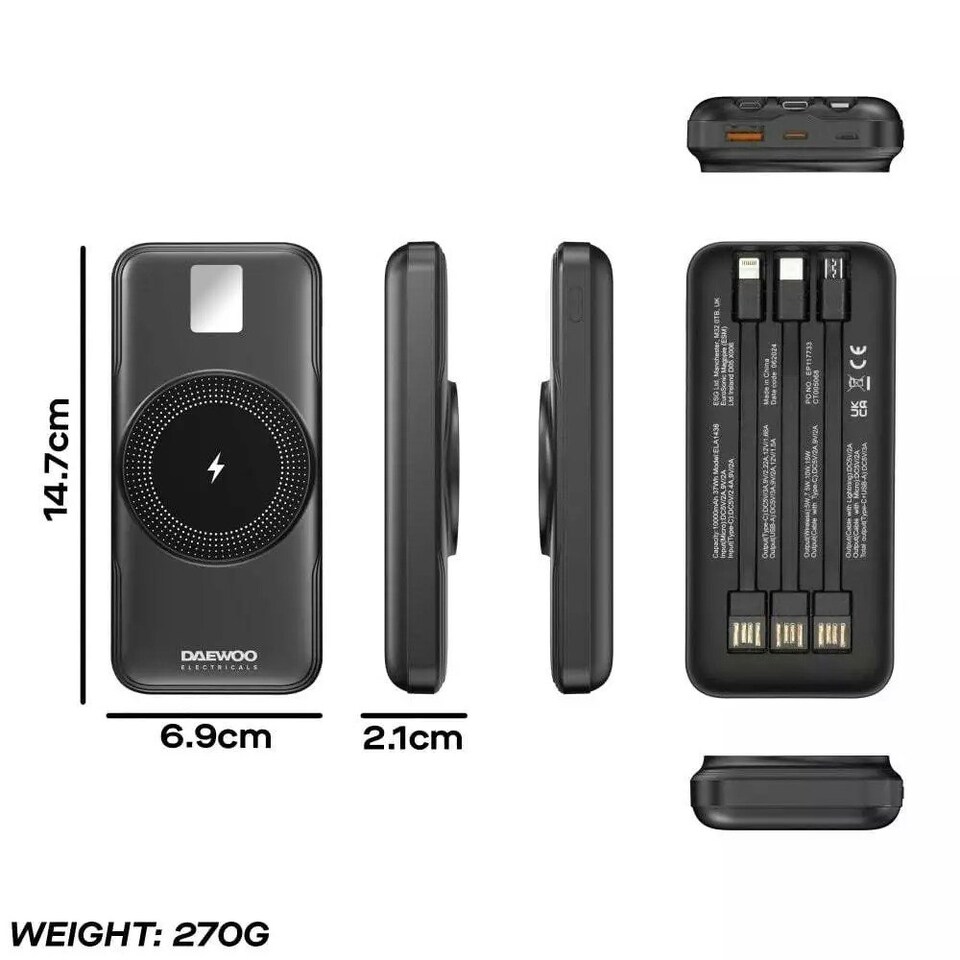 image 1 of Daewoo 4-in-1 10000mAh Power Bank Portable Fast Charger Wireless Built in Cables Black