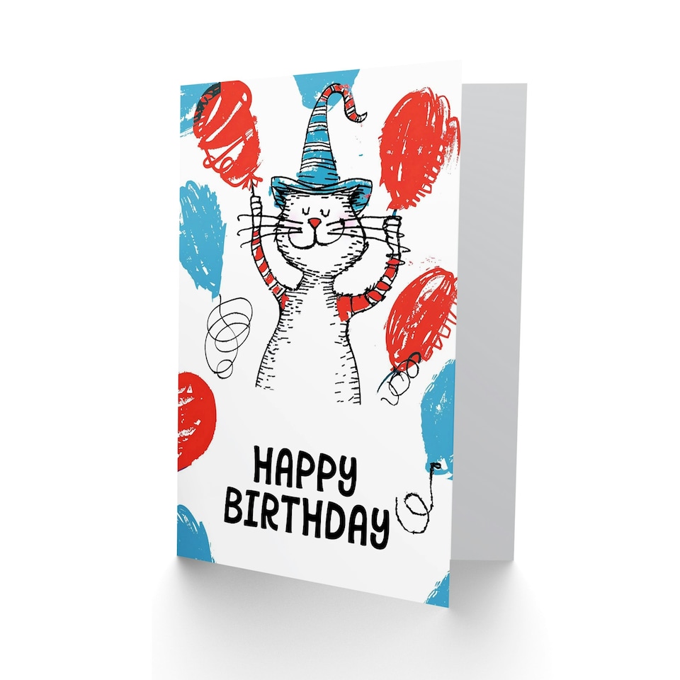 image 1 of Cat Lover Balloons Hat Book Drawing Kids Child Kids Birthday Card