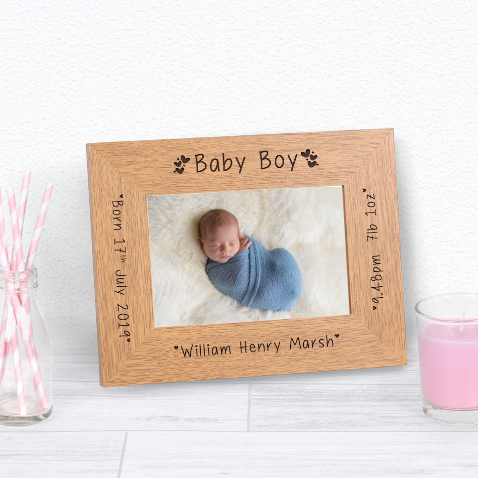 image 1 of Personalised New Baby Boy Wood Picture Frame 6 x 4 New Baby Gift