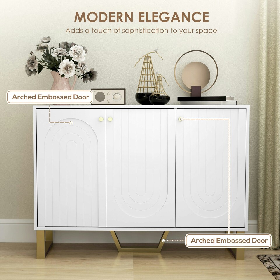 image 1 of HOMCOM Sideboard with Adjustable Shelves & 3 Doors for Living Room, White White | Gold