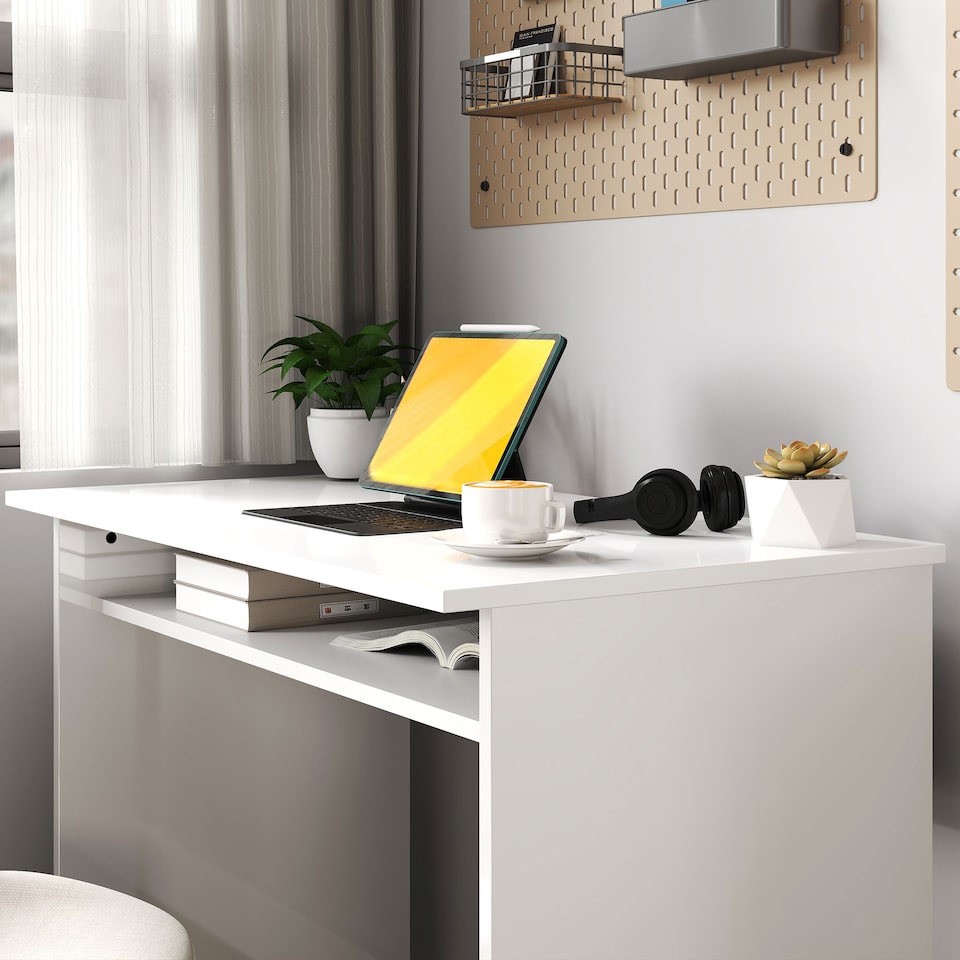 image 1 of HOMCOM Computer Desk Writing Table Study Workstation Storage High Gloss White