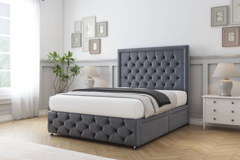 image 1 of Sloomy Vienna Steel Plush Divan Bed Base 2 Drawers Left Side With 26 Inch Strutted Headboard & 12 Inch Matching Footboard | Grey | Steel | Single | 1