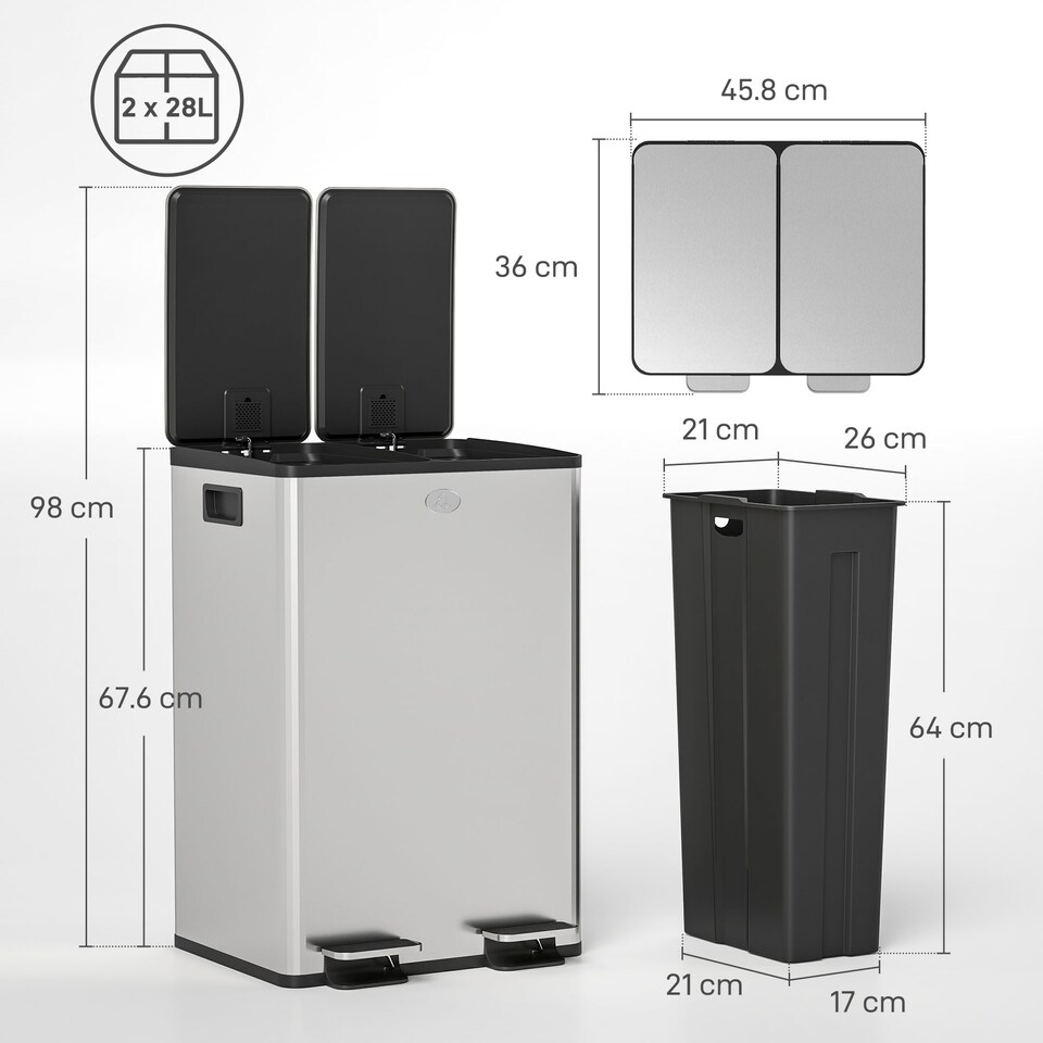 image 1 of HOMCOM Dual Kitchen Bin, 2 x 28L Stainless Steel Double Rubbish Bin with Soft Close Lid, Removable Inner Buckets, Fingerprint-Proof for Recycling and Waste, Silver Tone | Silver | Silver