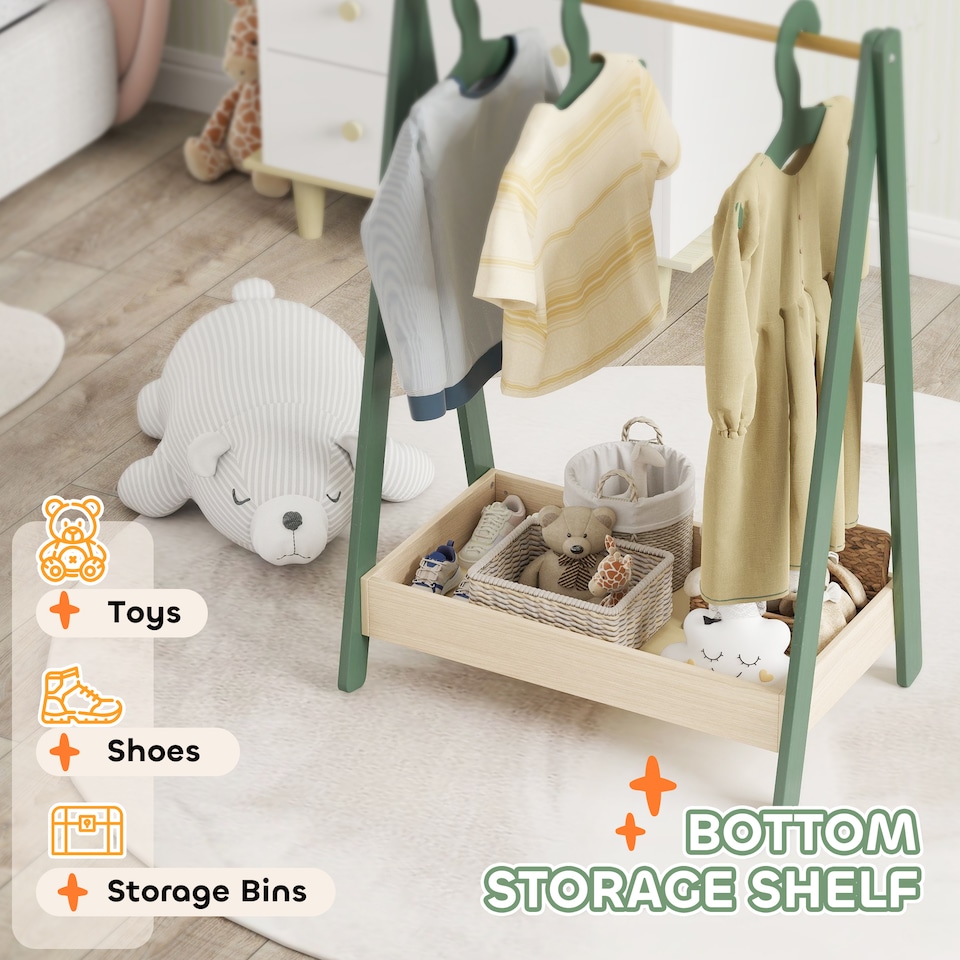 image 1 of AIYAPLAY Kids Clothes Rail with Hangers, Base Shelf for Girls, Boys, Green