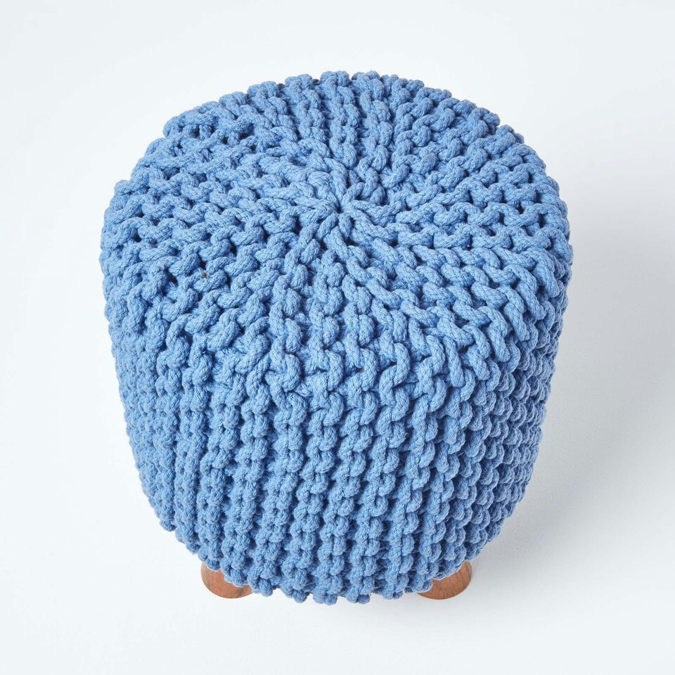 image 1 of Homescapes Blue Tall Cotton Knitted Footstool on Legs