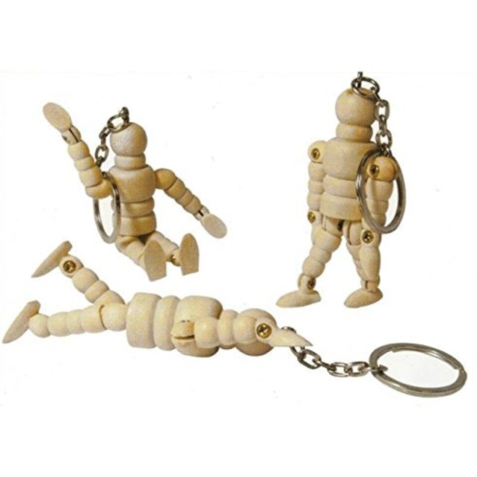 image 1 of 3 x 2.5" Keyring Wooden Lay Manikin for Artists - Male Art Figure Craft Moveable Key Ring