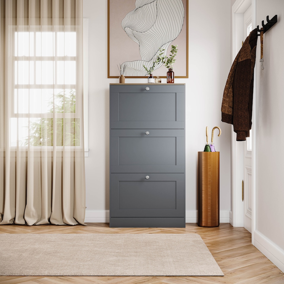 image 1 of Vida Designs 3 Drawer Hallway Shoe Storage Cabinet Unit Compact Design - Grey & Oak