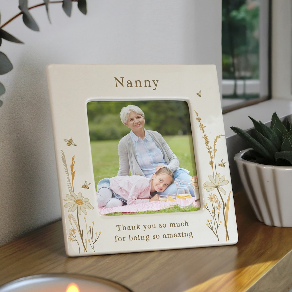 image 1 of Personalised Bees & Daisy Ceramic 4x4 Frame | Cream | One Size