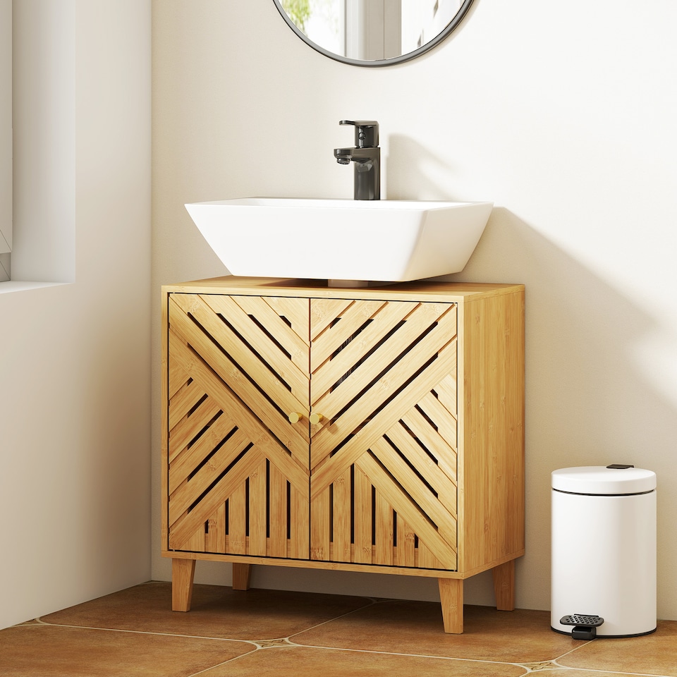 image 1 of HOMCOM Under Sink Bathroom Cabinet, Bamboo Freestanding Under Sink Cabinet with Adjustable Shelf and Slat Doors for Basin without Pedestal, Natural