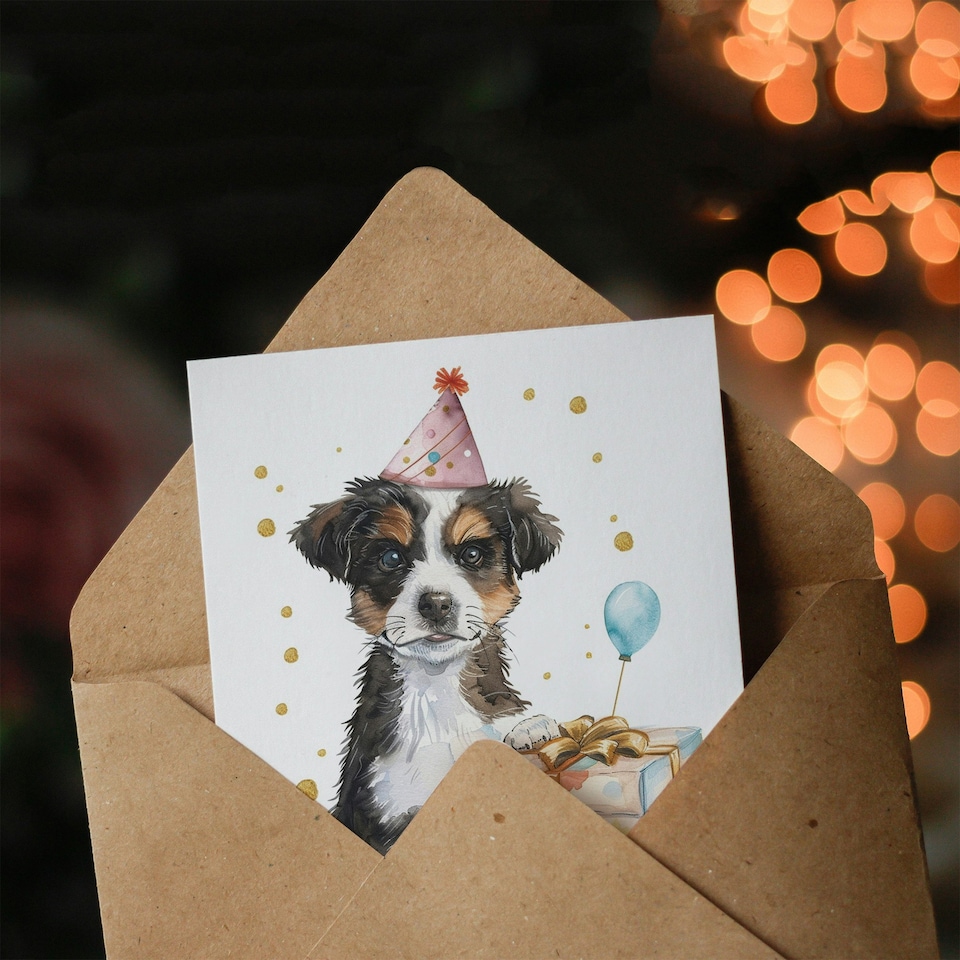 image 1 of Cute Pet Puppy Party Hat Balloon Girl Boy Daughter Son Birthday Card