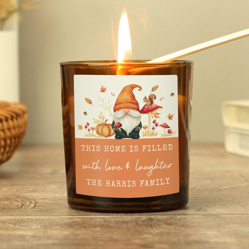 image 1 of Personalised Autumn Gonk Amber Glass Candle Brown