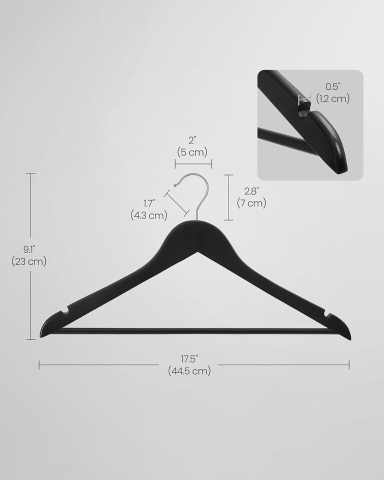image 1 of Set of 20 Wooden Clothes Hangers with Non-Slip Trouser Bar and Rotating Hooks, Black and Silver