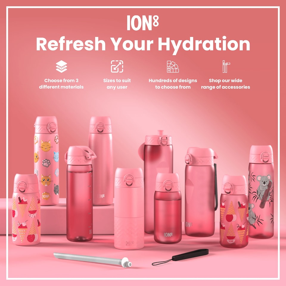 image 1 of Leak Proof Slim Water Bottle, Stainless Steel, 600ml (20oz) | Pink | Cats | One Size