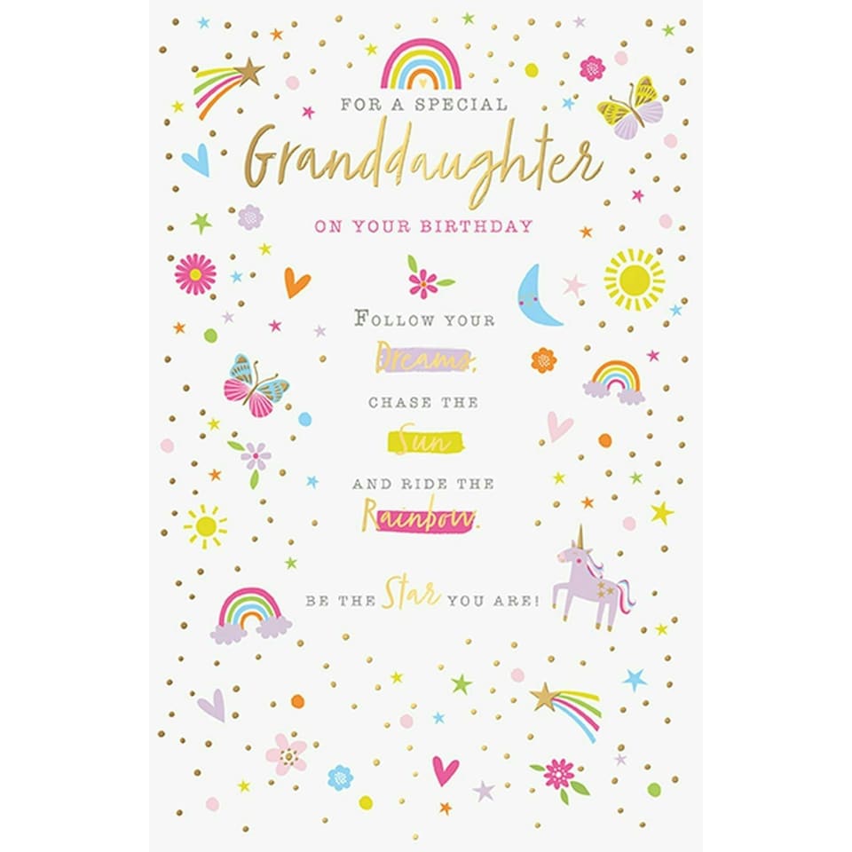 Words 'n' Wishes Special Granddaughter Birthday Card - Unicorns, Rainbows and Butterflies with Embossed Foil Finish