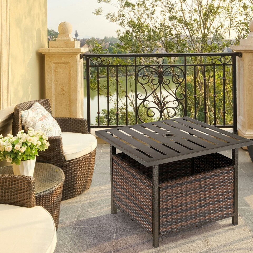 image 1 of Outsunny Outdoor Rattan Coffee Table w/ Umbrella Hole Fit for Garden Backyard