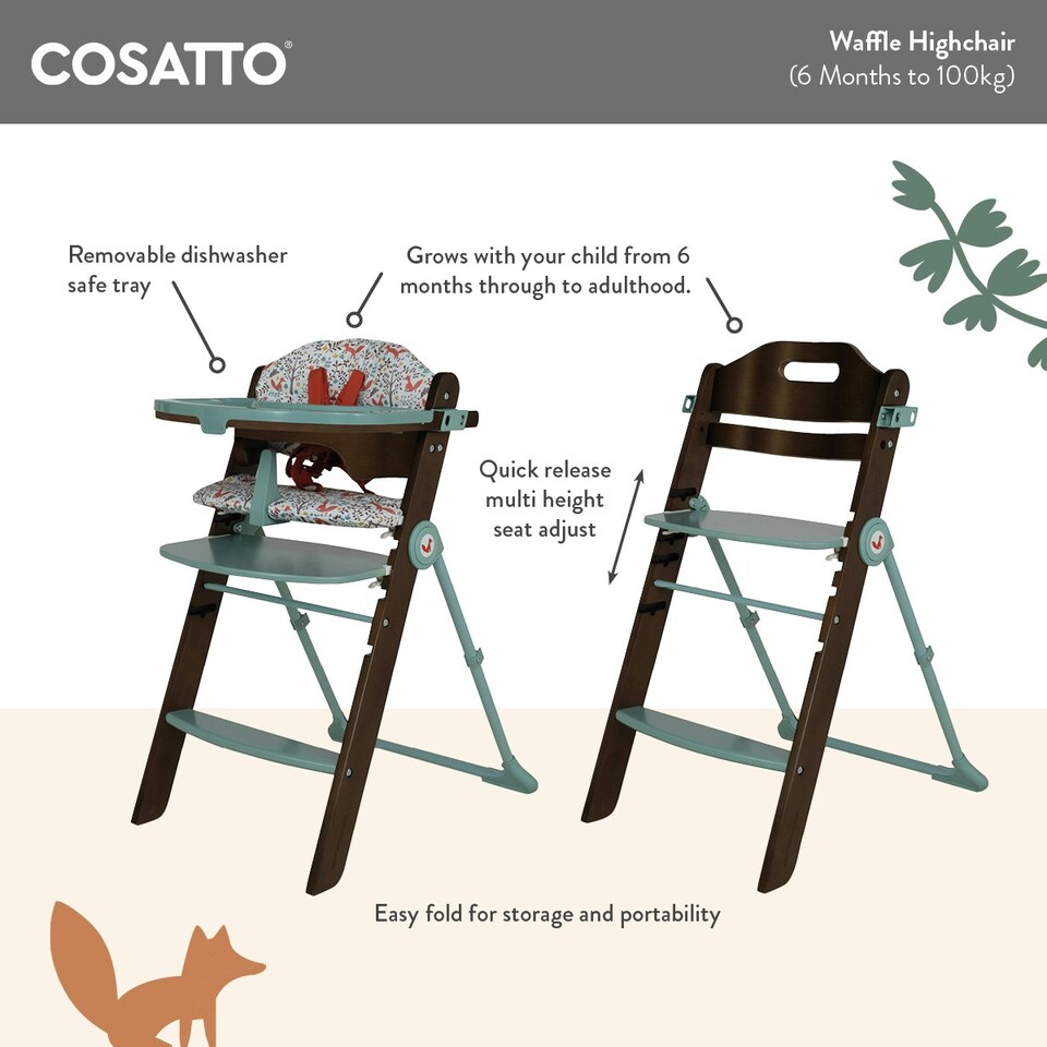 image 1 of Cosatto Waffle Wooden Highchair, 6 Months to 100kg, Compact Fold, Freestanding (Old Macdonald)
