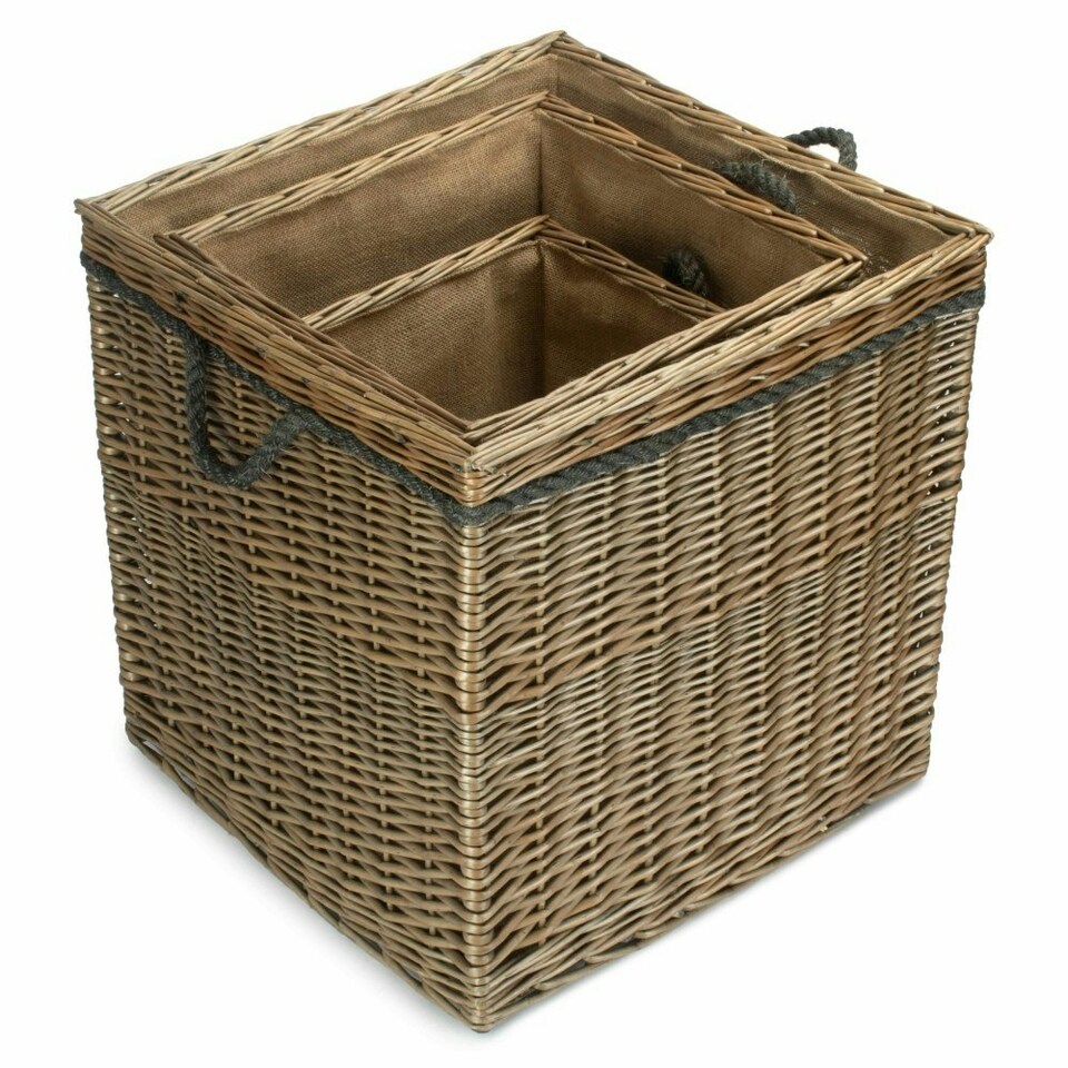 image 1 of Set of 3 Antique Wash Square Storage Log Basket