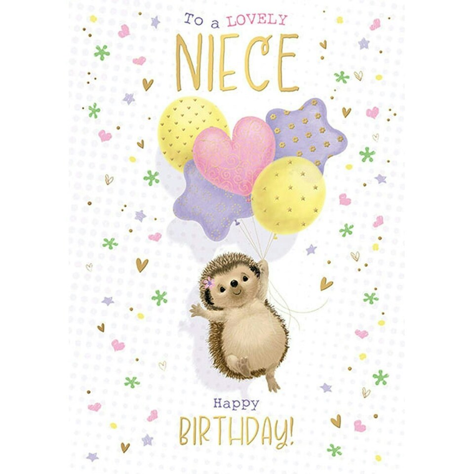 Words 'n' Wishes Lovely Niece Large Birthday Card for Girls - Hedgehog with Bunch of Balloons Embossed with Foil Details - Eco-Friendly