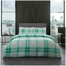VELVETIO Bardsley Check Printed Duvet Cover Set Reversible Polycotton Beddings Blue | Teal | Double
