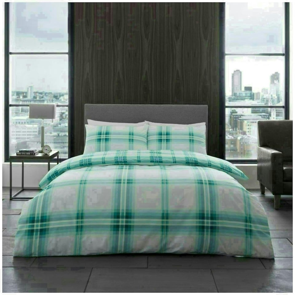 image 1 of VELVETIO Bardsley Check Printed Duvet Cover Set Reversible Polycotton Beddings Blue | Teal | Double