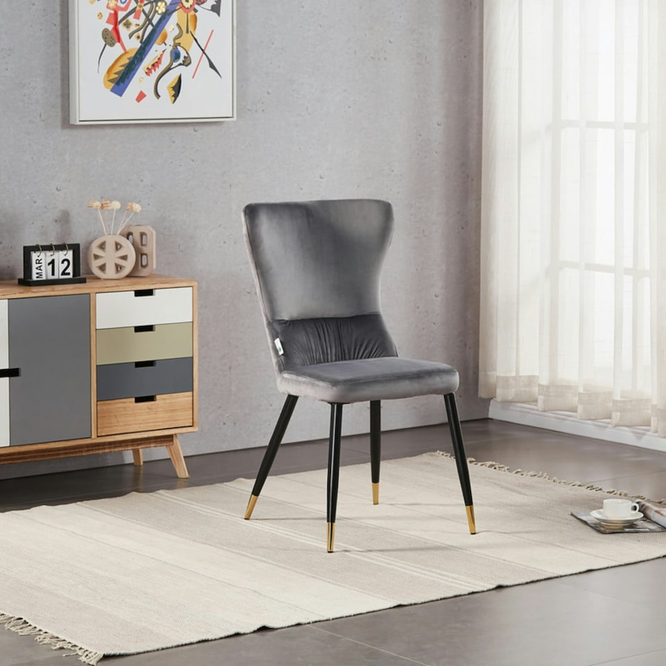 image 1 of Set of 4 New York Modern Velvet Dining Chairs with High Back, Black Metal Legs | Grey | Gold End Tips