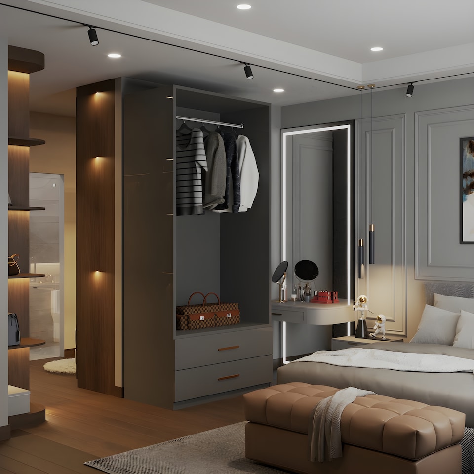 image 1 of Modern 2 Door High Gloss Wardrobe with Mirror, Drawers & Hanging Rail