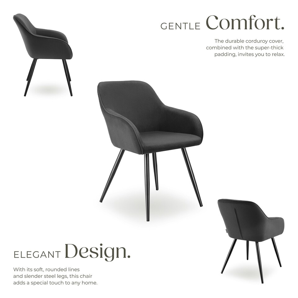 image 1 of Dining Chair Marilyn - corduroy look, upholstered, armchair, continuous backrest - Set of 4 Grey | Anthracite/Black