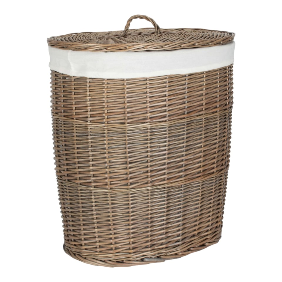image 1 of Set of 2 Antique Wash White Cotton Lined Oval Willow Laundry Basket