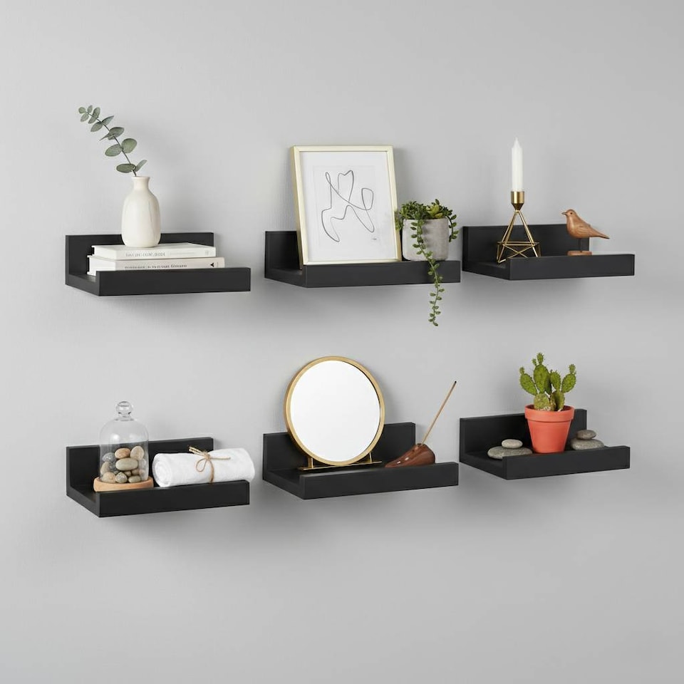 image 1 of 3 Piece Floating Wall Shelf Set | Black | Black & Set of 6 | 6